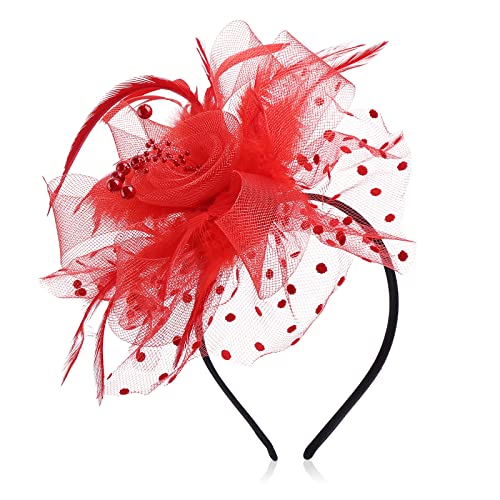 Sibba Chapeau bibi pour Femme avec Fleur et Plumes en Maille Accessoire pour Cheveux pour fête église Mariage pour Femmes et Filles Rouge
