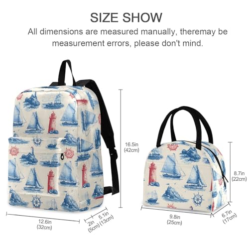 Nautical Pattern Print Backpack Set with Lunch Bag, Large Capacity Travel Backpacks and Lunch Box Insulated for Commute Hiking Picnic2