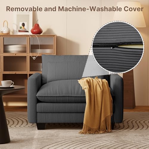 Image of Gizoon Cloud Accent Chair with Washable Cover, Corduroy Single Sofa Chair with Comfy Deep Seat, Modern Armchair with Pillow for Living Room Bedroom, Gray