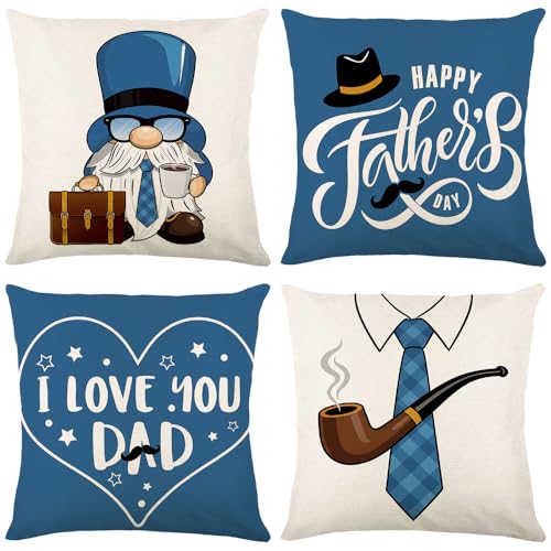 Karii Happy Fathers Day Decorations Pillow Covers 18x18 Set of 4 Fathers Day Decor Navy Blue Gnome Dad Gifts Rustic Farmhouse Linen Pillow Case for Sofa Couch Home Decorations