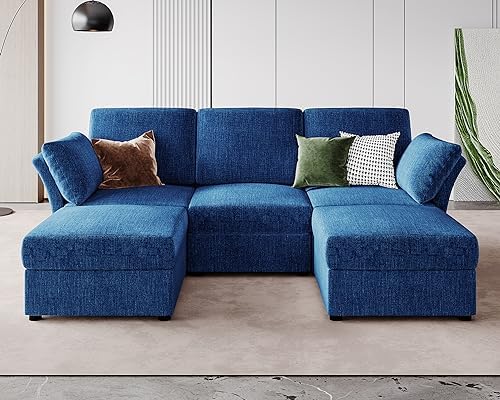 Amerlife Sectional Sofa, Convertible Sofa- Modular Sectional Sofa, 5 Seats U Shaped sectional with Ottomans, Reversible Sofa Couch for Living Room, Blue Linen
