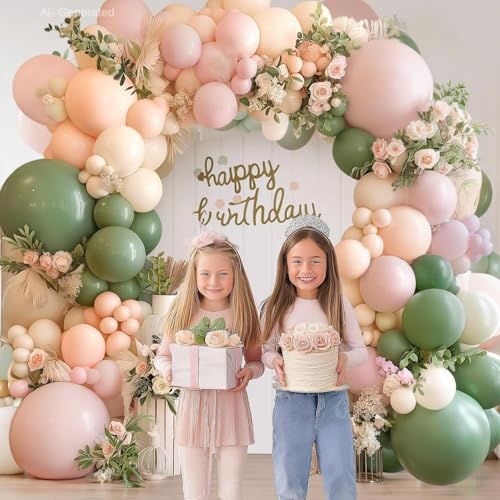 Image of Blocesa Pink Green White Sand Balloons Arch Kit, Latex, Party Decor | Sage Green, Pastel Pink, Sand White, Light Orange Balloons In Mixed Sizes. for Neutral Wedding, Birthday, Bridal Shower.