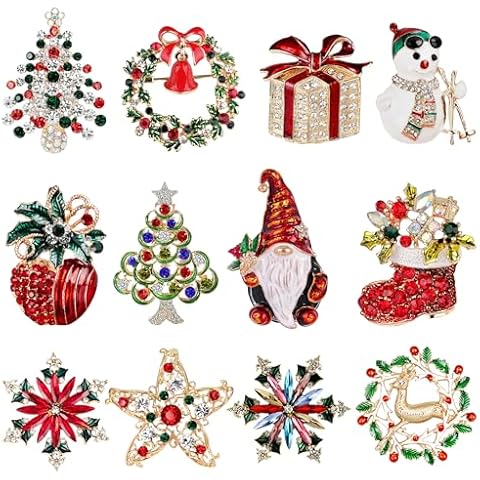 12 Pcs Christmas Brooch Pins Set with Rhinestone for Women Xmas Tree Deer Wreath Bell Brooches Set Christmas Ornaments Party Gift (Style-2) Cover