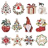 12 Pcs Christmas Brooch Pins Set with Rhinestone for Women Xmas Tree Deer Wreath Bell Brooches Set Christmas Ornaments Party Gift (Style-2)