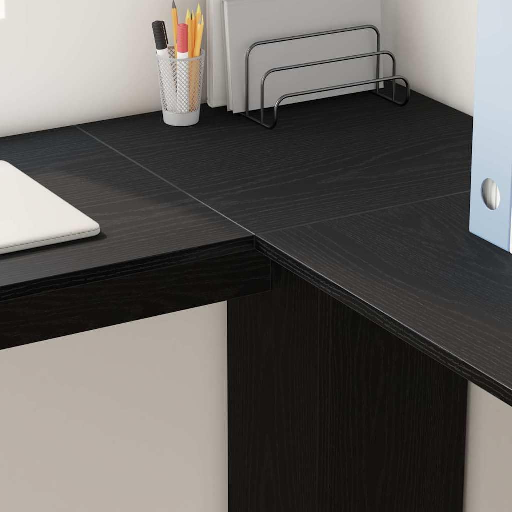 Scrivania angolare nera effetto rovere, in legno, 140 x 113,5 x 75 cm, con scaffale, moderna scrivania da ufficio per casa e studenti, tavolo da lavoro compatto per lavorare in modo efficiente