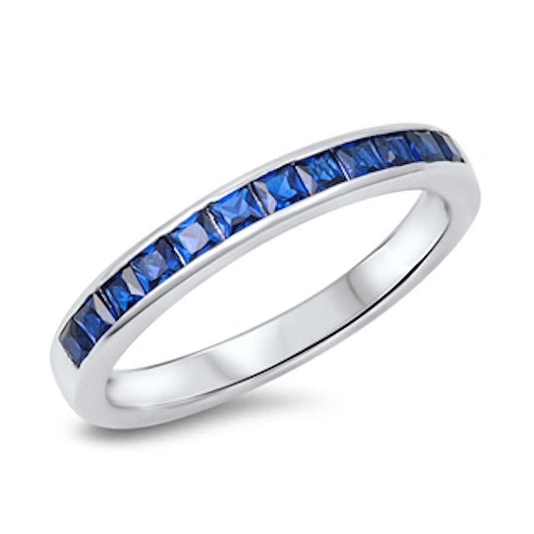 3MM Half Eternity Wedding Band Ring Princess Cut Simulated Sapphire CZ 925 Sterling Silver