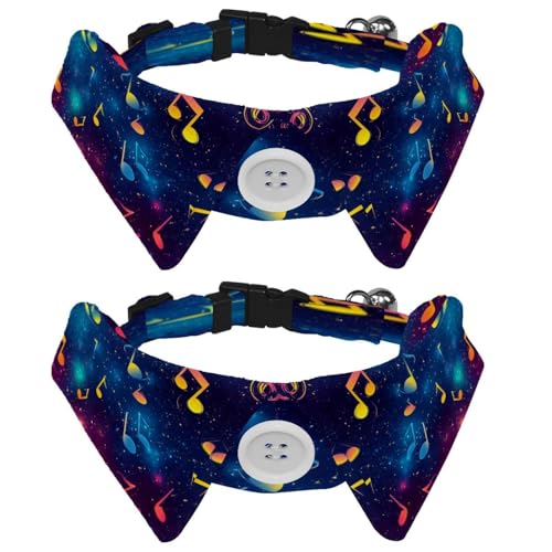 Paquete de 2 collares para perro, galaxia con notas musicales, collar ajustable para gato con pajarita, collares para mascotas, collares suaves para perros pequeños