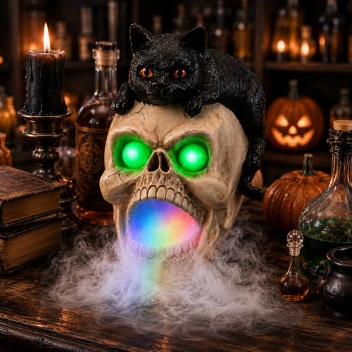 Estatua de Calavera de Halloween con Gato Negro, Máquina de Humo con Ojos LED que Brillan, Centro de Mesa Gótico de Resina de Mármol Artificial Pintada a Mano para Repisa miniatura 3