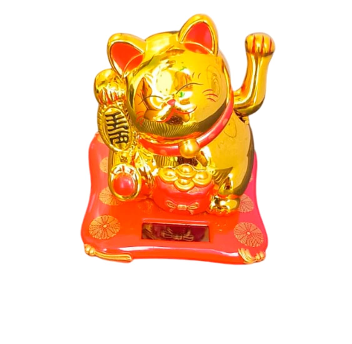 Solar Powered Waving Maneki Neko Lucky Cat (Gold, 7.8x6.8 cm) - Japanese Beckoning Fortune Cat for Car Dashboard, Desk Decor & Good Luck Charm, Red Base-picture-20
