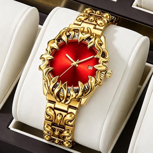 Image of CARLIEN Gothic Claw Watch for Men - Unique Stainless Steel Wristwatch, Luminous Hands, Waterproof Quartz Movement, Futuristic Melting Style, Cool Red & Green Color Options