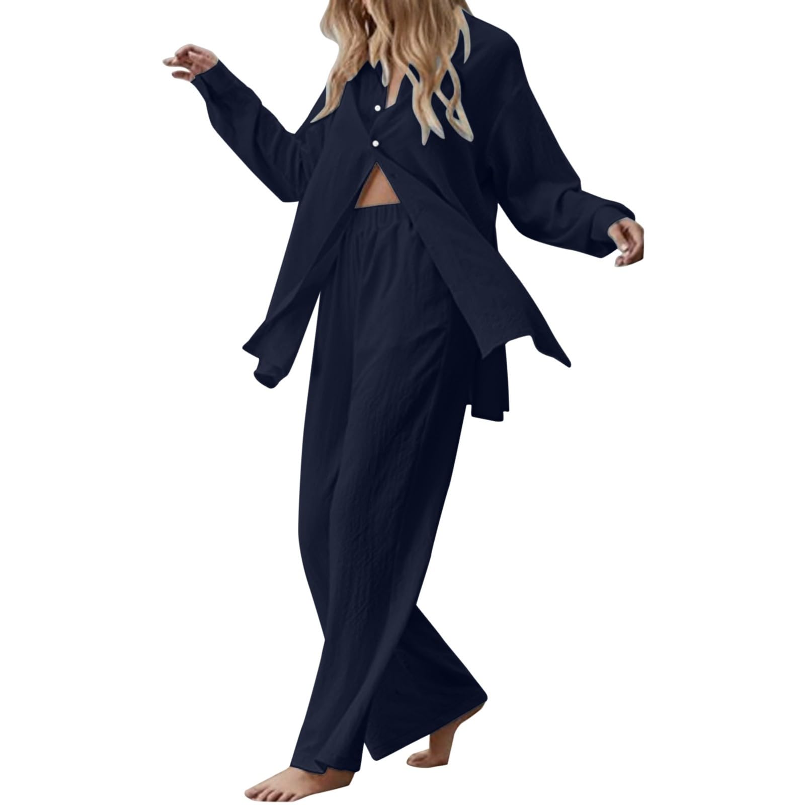 Zweiteiler Damen Elegant Baumwoll Leinen Freizeitanzug Musselin Langarm Hemd Weite Leinenhose Sommer Leicht Leinenanzug Hausanzug Lounge Set Freizeit Lose Schlafanzug Hosenanzug Urlaub Alltag Hochzeit