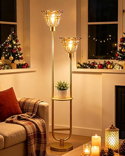Image of Lightdot Flower Glass Floor Lamp with Table for Living Room 2-Lights Modern Gold Standing Tall Lamps with Amber Glass Shade,LED Floor Lamp with Foot Switch for Bedroom Home Decor (Bulbs Included)