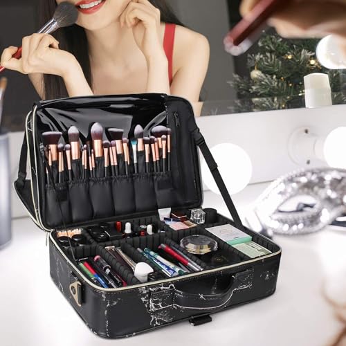 Image of Adson Large Makeup Bag 3 Layers Professional Train Cosmetic Bag Makeup Organizer Case Artist Storage Brush Box with Adjustable Dividers and Strap for Makeup Accessories (Marble Jet Black)