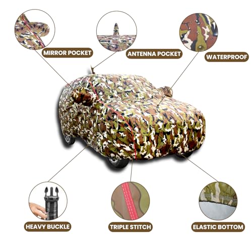 Image of Waterproof Car Body Cover for Citroen C3 with Mirror Pocket, Soft Cotton Lining, Triple Stitched, Full Bottom Elastic (Heat Resistant Jungle Print with Red Piping)