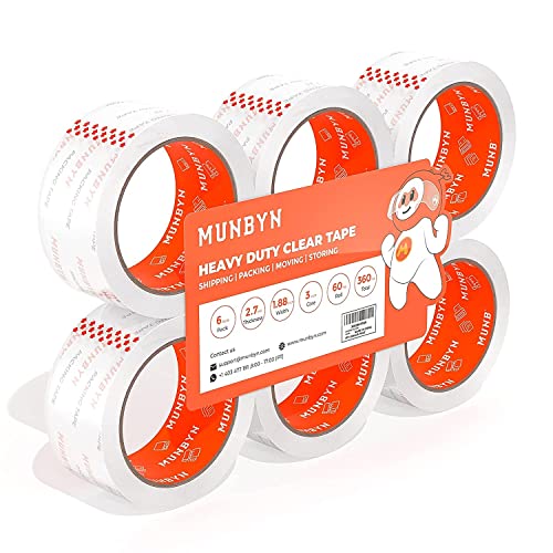 MUNBYN Lot de 6 rouleaux Ruban Adhésif d'Emballage, 48mm×60m Ruban d'Emballage Résistant, Haute Adhérence Scellage Solide sur Tout Type de Boîte pour Expédition Déménagement Postage Stockage Cover
