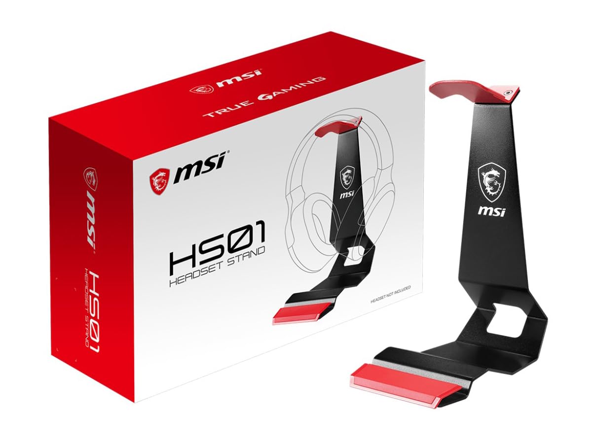 msi HS01 - Supporto per cuffie da gaming, gestione intelligente dei cavi, design solido in metallo, base antiscivolo, supporto per cellulare integrato, Nero e Rosso