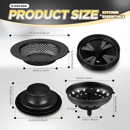 Image of 4 Pcs Matte Black Kitchen Sink Accessories Garbage Disposal Splash Guards 3.4'' Sink Drain Strainer and Stopper Stainless Steel Garbage Disposal Plug for Kitchen Drain Strainer