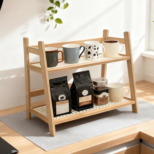 2 Etagen Küchen Organizer Bambus Nachahmung Rattanweberei Deko Küche, Gewürzregal,Küchenregal, Schrank-Organizer Küche, Tee Organizer Tassenhalter, für Wohnzimmer, Büro ﻿ (Holzfarbe)
