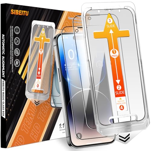 SIBEITU 2-Pack for iPhone 14 Pro Screen Protector, [Auto Alignment Kit] 6.1 Inch HD Clear Tempered Glass Film, Case Friendly Anti Scratch, 9H Hardness Auto Dust Removal Installation Protector