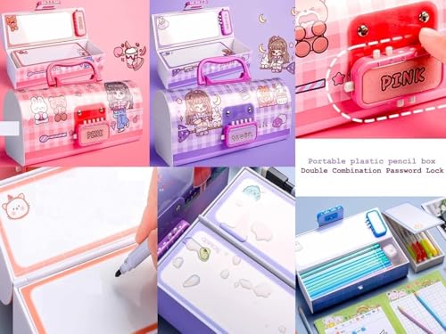 Image of WORSHIPER New Cartoon Theme Pencil Box with Push Pull Eraser Set for Kids | Suitcase Style Password Lock Stationery Organizer | School Supplies Gift Combo for Boys & Girls (Lucky Purpl LPPB - NEW)