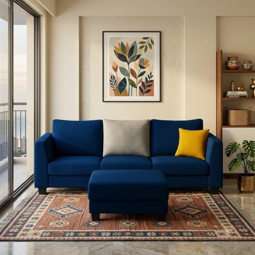 Image of SOCOZI Trevano 4 Seater L Shape Sofa Set with Movable Ottoman | Flexible Left or Right Layout | Soft Velvet Suede Fabric | Modern Design | Plush Comfort Cushions for Living Room (Blue -Light Grey)