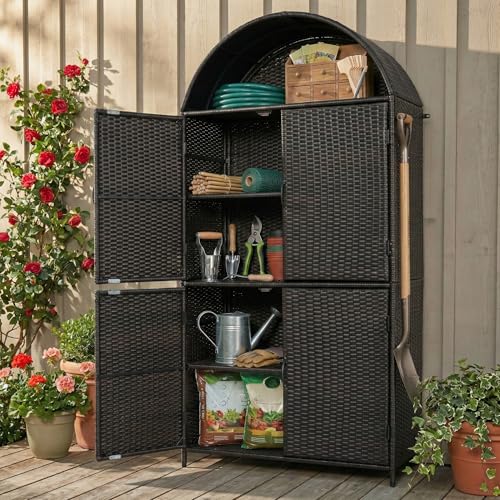 JIJIWANG 72 Tall Arched Wicker Outdoor Storage Cabinet with Shelves and Doors Rattan Outdoor Storage Cabinet with Adjustable Shelves and Towel Holder for Garden Backyard Pool Brown & Black