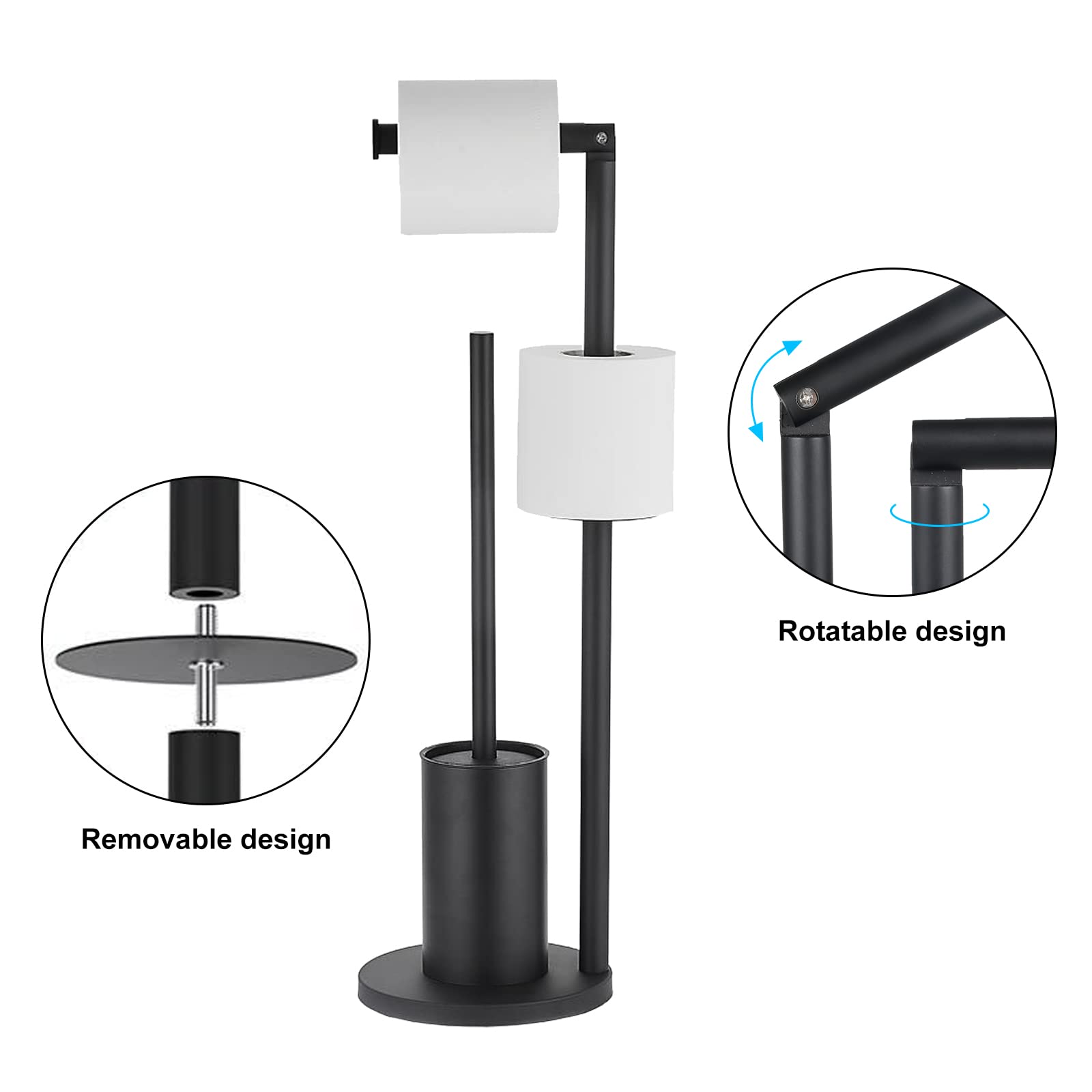 Portarotolo Carta Igienica da Terra con Scopino Acciaio Inox Piantana Portarotolo Nero Porta Rotoli Cartaigienica con Spazzolino WC Senza Forare, in Piedi