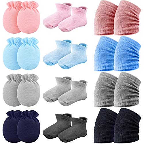 Syhood 12 Pairs Baby Crawling Anti-Slip Knee Pads, Anti-Slip Baby Socks and Gloves No Scratch Mittens Unisex Toddler Knee Protectors Non Slip Ankle Socks Mittens, Light Blue, Navy Blue, Gray, Pink, approx. 11 x 8 cm/ 4.3 x 3.1 inches