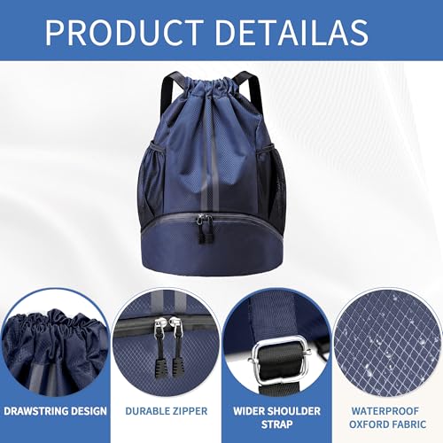 Image of JELUTAR Drawstring Backpack Gym Bag with Shoes Pocket, Navy Blue