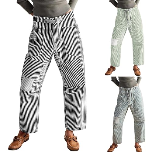 Patchwork Striped Pants Women Baggy Horseshoe Tie Waist Jeans Trendy Barrel Jeans Vintage Wide Leg Denim Pants