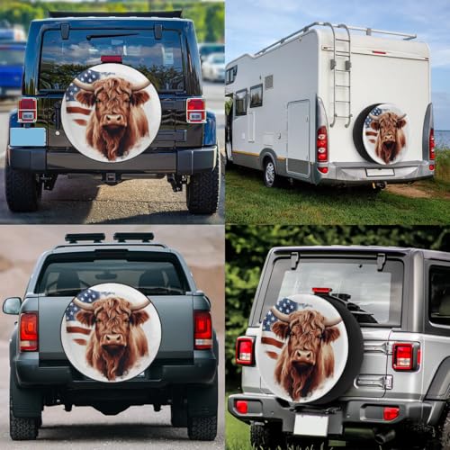 Image of Spare Tire Cover for RV Trailer, American Highland Cow Tire Covers Universal Fit for Travel Trailer Camper Jeep RV SUV Truck Waterproof Wheel Cover (15 inch for Diameter 27 inch - 29 inch),A-1019