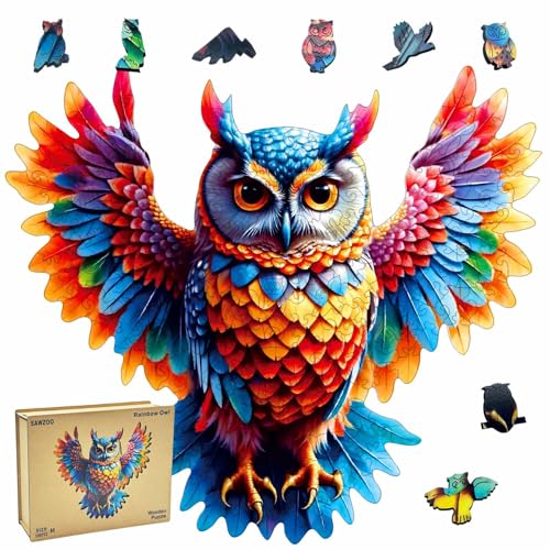 Wooden Jigsaw Puzzles for Adults and Kids, Rainbow Owl 200 Piece Unique Shaped Puzzle, Family Game a