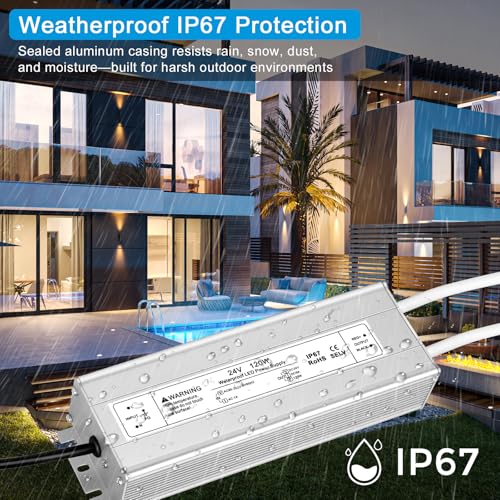 Image of 24V 120W LED Power Supply, IP67 Waterproof LED Driver, AC 110V to DC 24 Volt 5A Low Voltage Transformer Converter for Outdoor LED Strip & Landscape Lighting, 3-Prong Plug with 3.3FT Cable