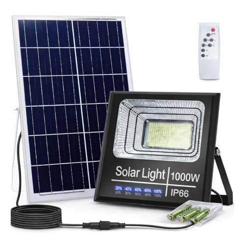 Faro Solare LED 1000W con Pannello Solare, Luce Esterno 6500K Ultra Potente, Sensore Crepuscolare Automatico, Telecomando, IP67 Impermeabile, Faretto da Esterno per Giardino, Cortile, Strada.