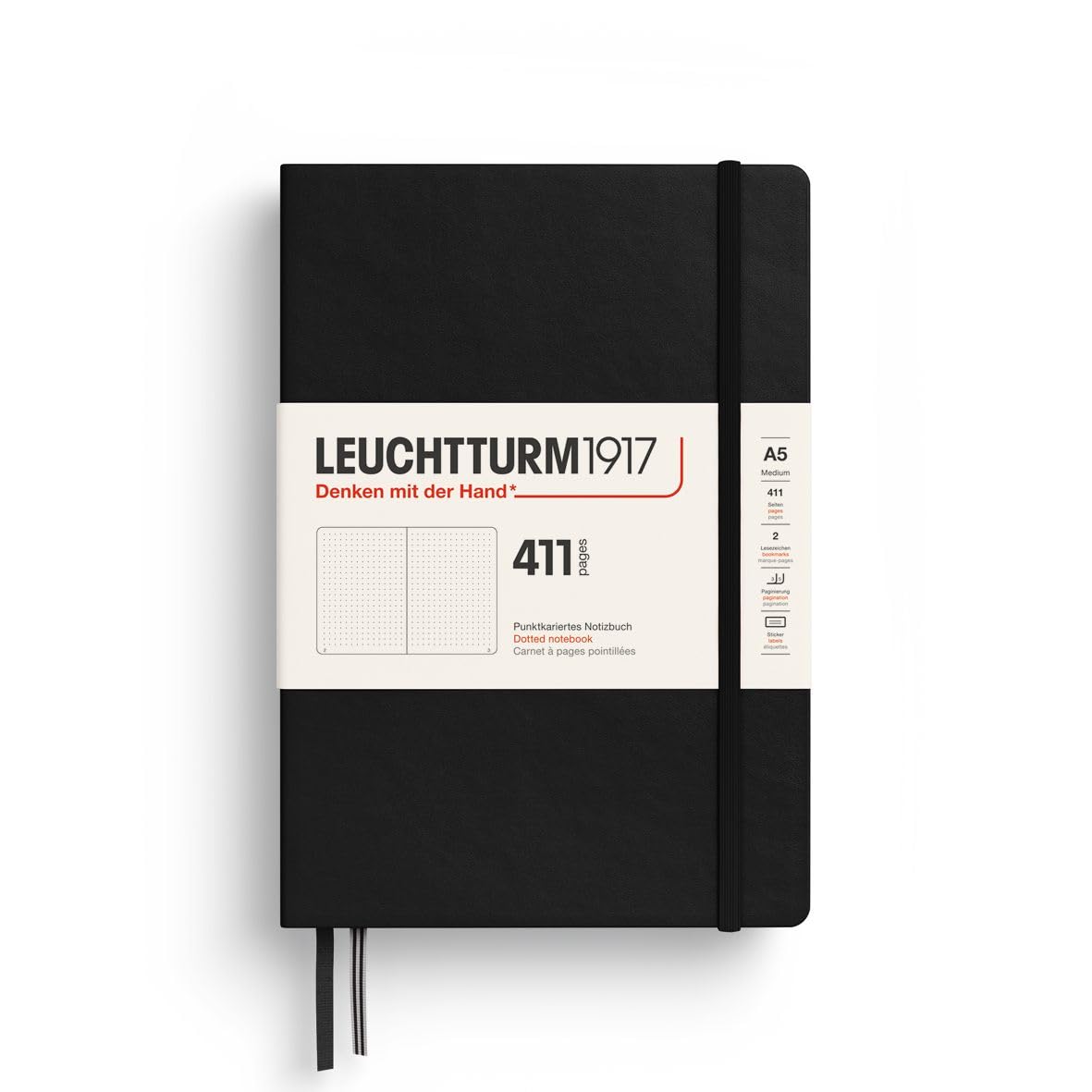 LEUCHTTURM1917 372931 Notebook 411 Medium (A5), Hardcover, 411 Numbered Pages, Black, Dotted, More Thoughts, More Ideas, More Memories, More Pages