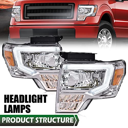 Image of GRAND ORANGE LED DRL Headlight Assembly Compatible with Ford F150 2009-2014 Left Driver & Right Passenger Side Clear Lens Chrome Housing Amber Reflector FO2503289 DL3Z13008EC