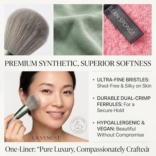 Image of 17Pc Makeup Kit Set - Premium 13-Piece Makeup Brush Set with 3 Makeup sponges & 1 Color-Removal Sponge - Soft Synthetic Bristles, Rose Gold & Cream Design with Velvet Travel Pouch - Complete Professional Beauty Tools (Clean sponge and makeup puffs , color may vary or multicolour) (Green)