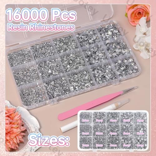 Image of 16000 Pcs Resin Rhinestones for Crafting, Flatback White Gems Jelly Rhinestones, Mixed Sizes White Bedazzling Crystal with Pickup Tool for DIY Crafts Clothing Tumblers Mugs Shoes Fabric Nail Art