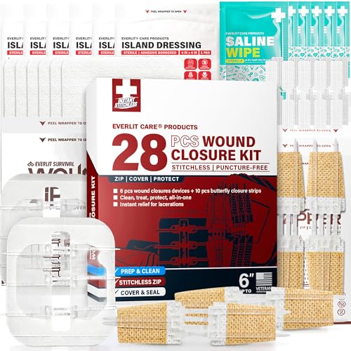 Wound Closure Kit | 28 Pcs All-in-One First Aid with Suture-Free, Stitchless Zip Devices, Butterfly Bandages, for up to 6″ Wounds | 100% Sterile Medical Supplies to Clean, Cover & Heal