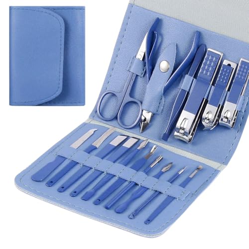 Juego de 16 piezas de herramientas de cuidado de uñas, juego de cortaúñas de color, juego de cortaúñas exfoliante, multifunción, verde (azul)