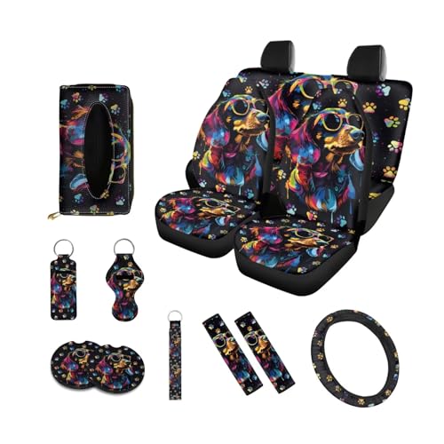 Poceacles Colorful Dachshund Dog Print Car Seat Covers Full Set Car Accessories for Trucks SUV Car Seat Covers with Steering Wheel Cover, Seat Belt Cover 13pcs Auto Interior Decor for Women Men