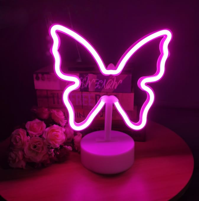 Butterfly Neon Sign Lamp Dimmable LED with Standable Base and Touchable Switch,USB or 3-AA Battery Powered Neon Signs LED Desktop Wall Decoration
