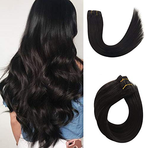 Black Clip in Human Hair Extensions Brazilian Virgin Hair for Black Women Double Weft Clip on Real Remy Hair Extensions 120G Thicken Full Head Seamless Silky Straight Glueless 7pcs 17 Clips 20 Inch