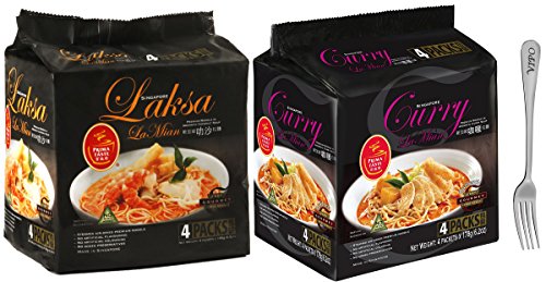 Prima Taste Singapore Curry/Laksa Lamian Noodles, 6.2 Ounce Each (Pack of 8) Comes with Free Vipo Brand Fork (Laksa…