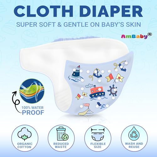Image of Ambaby Leakage-Proof Cloth Diaper for Babies 0 to 3 Years - 1 High Absorbent Inserts and 1 Reusable & Washable Baby Cloth Diaper - Adjustable Fit (5-17 kg)