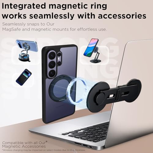Image of RIGGEAR Shockproof Sleek Hybrid Armor 360 Rotating Magnetic Ring Stand Back Cover Case Compatible with MagSafe Accessories for Samsung Galaxy S26 Ultra (Clear PC + Black TPU Bumper)