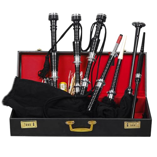 Black Velvet Great Highland Scottish Bagpipes Black Finish Silver Mounts with Carrying Hard Case, Chanter Reeds, Tutor Book