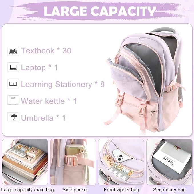 Image of Backpack Bag for Women with Matching Zipper Pouch, 18.1 Inch College Laptop Backpack, Multi-Compartment Bookbag for School, Office, Travel, Camping & Everyday Carry, White & Maroon
