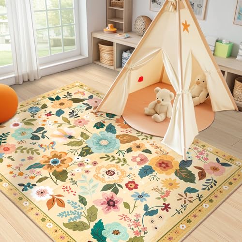Floral 3x5 Area Rug Machine Washable Soft Print Boho Carpet Non Slip Doormat Low Pile Flower Area Rugs for Living Room Bedroom Nursery Kitchen Dining Room Indoor-Ivory/Yellow