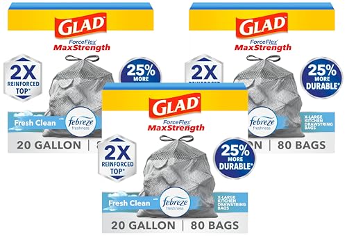 Image of Glad ForceFlex MaxStrength Kitchen Trash Bags, 20 Gal, Fresh Clean Febreze, 80 Ct (Package May Vary) (Pack of 3)